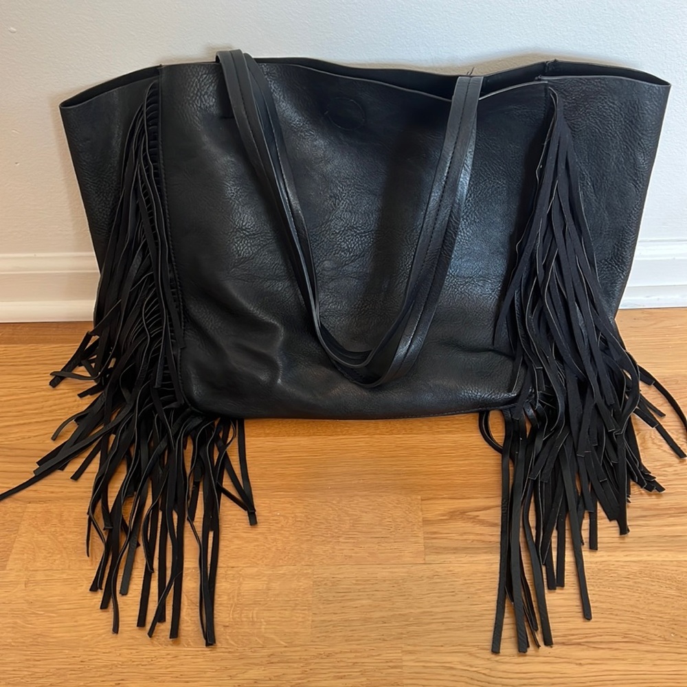 Black Faux Leather Fringe Bag